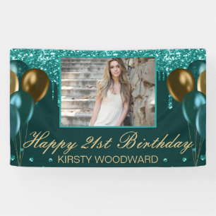 Turquoise druipende glitter met gouden ballonnen v spandoek