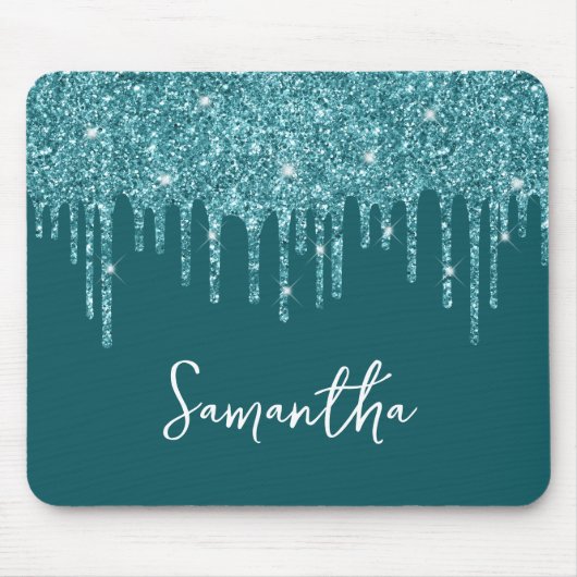 Turquoise Druppelende Glitter Glam Naam Muismat (Voorkant)