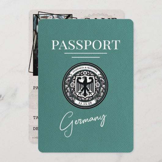 Turquoise Duitsland paspoort Bewaar de datum Save The Date (Voorkant / Achterkant)