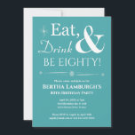 Turquoise Eat Drink Be Eighty Retro 80th Birthday Kaart<br><div class="desc">Nodig vrienden en familie uit om je te helpen je 80e verjaardag te vieren met deze funky retro white op turquoise blue Eat,  Drink & Be Eighty! feestuitnodiging.</div>