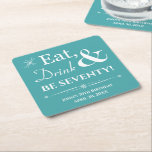 Turquoise Eat Drink Be Seventy Retro 70th Birthday Kartonnen Onderzetters<br><div class="desc">Het wordt een heck van een 70ste verjaardagsfeestje dus kleed je tafel aan met deze funky retro Eat,  Drink & Be Seventy! papieren onderzetter met witte tekst op turquoise blauw! Overeenkomende partij benodigdheden beschikbaar.</div>