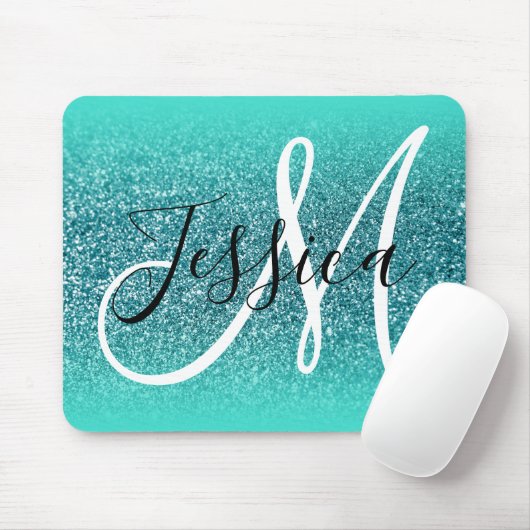 Turquoise Edge Ombre Blauwgroen Glitter Monogram Muismat (Met muis)