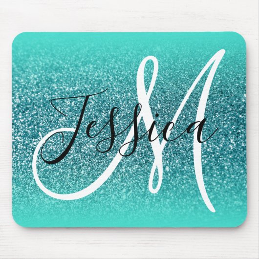 Turquoise Edge Ombre Blauwgroen Glitter Monogram Muismat (Voorkant)