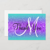 Turquoise Edge Ombre Violet Glitter Monogram Bedankkaart (Voorkant / Achterkant)