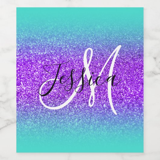 Turquoise Edge Ombre Violet Glitter Monogram Wijn Etiket (Enkel label)