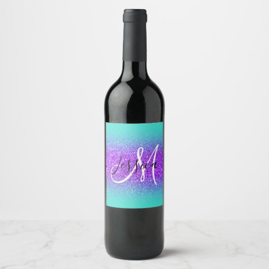 Turquoise Edge Ombre Violet Glitter Monogram Wijn Etiket (Voorkant)