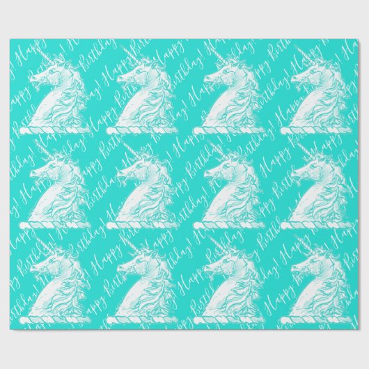 Turquoise Eenhoorn Patroon Gelukkige Verjaardag Te Cadeaupapier (Vlak)