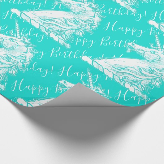 Turquoise Eenhoorn Patroon Gelukkige Verjaardag Te Cadeaupapier (Hoek)