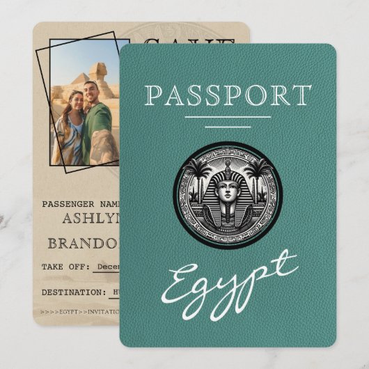 Turquoise Egypt Passport Wedding Save the Date (Voorkant / Achterkant)