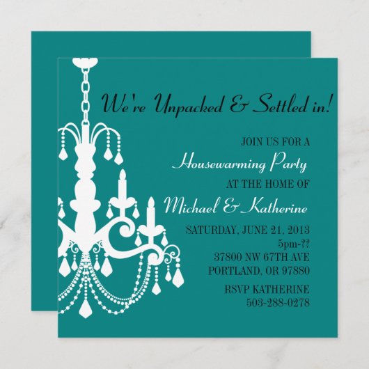 Turquoise Elegant Chandelier Housewarming Invite Kaart (Voorkant / Achterkant)