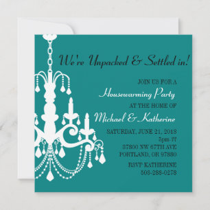 Turquoise Elegant Chandelier Housewarming Invite Kaart