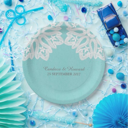 Turquoise Elegant Lace Paper Borden Papieren Bordje (Feest)