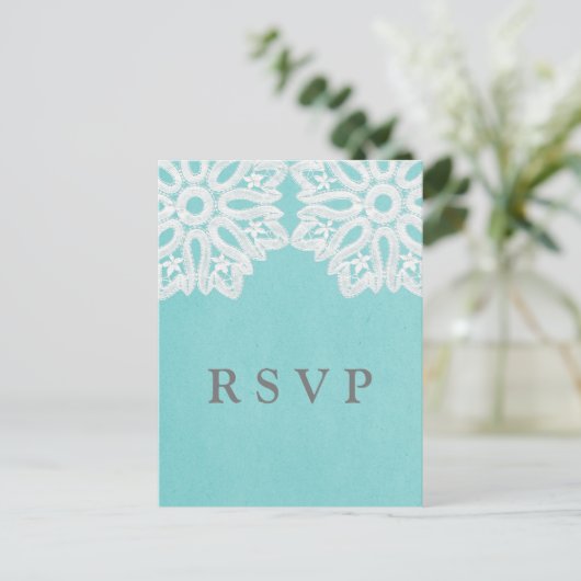 Turquoise Elegant Lace RSVP Briefkaart (Staand voorkant)