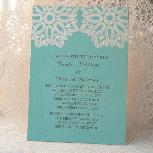 Turquoise Elegant Lace Wedding Invite Kaart