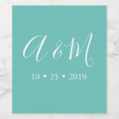 Turquoise Elegant Monogram Bruiloft Wijn Label Etiket (Enkel label)