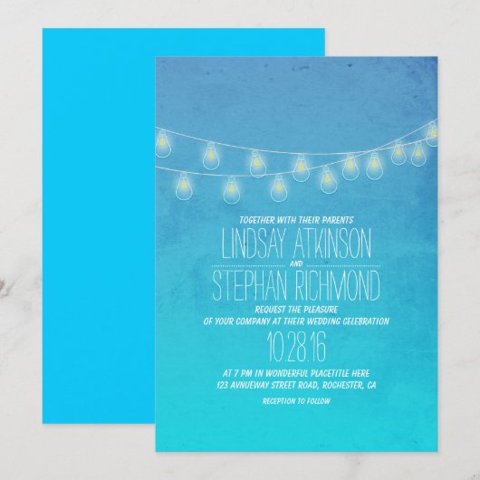 Turquoise Elegant String Lights Huwelijksuitnodigi Kaart (Voorkant / Achterkant)
