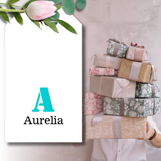 Turquoise Elegante Initiaal Zwarte Naam | Modern Cadeaulabel