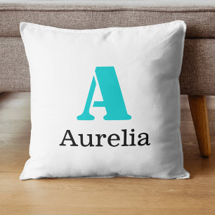 Turquoise Elegante Initiaal Zwarte Naam   Modern  Kussen