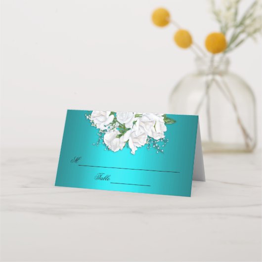 Turquoise elegantie en witte rozen bruiloft plaatskaartje (Voorkant)