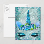 Turquoise en Aqua Glitterende Eenhoorn Briefkaart (Voorkant / Achterkant)