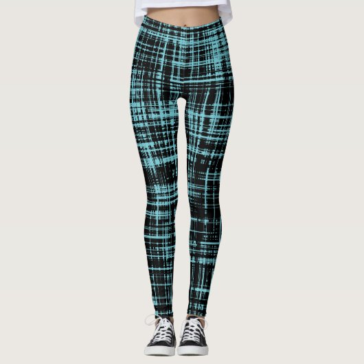 Turquoise en Black Abstract Stripe Pattern Leggings (Voorkant)