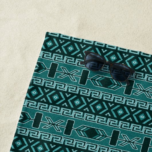 Turquoise en Black Aztec Pattern Strandlaken (In situ)