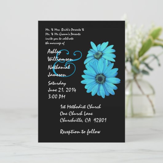 Turquoise en Black Daisy Wedding Invitation Kaart (Staand voorkant)