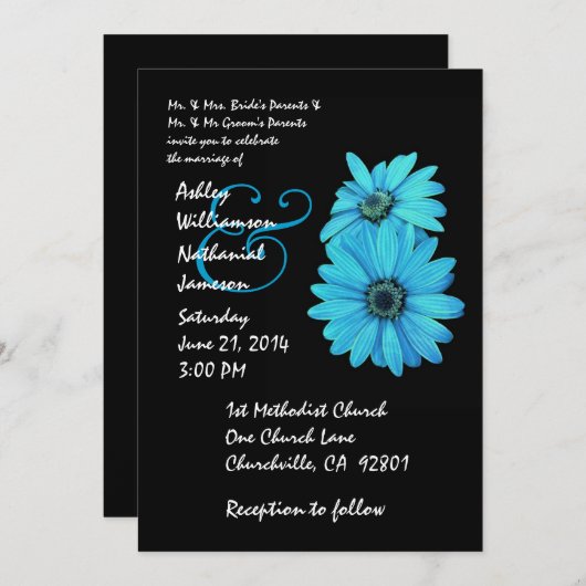 Turquoise en Black Daisy Wedding Invitation Kaart (Voorkant / Achterkant)