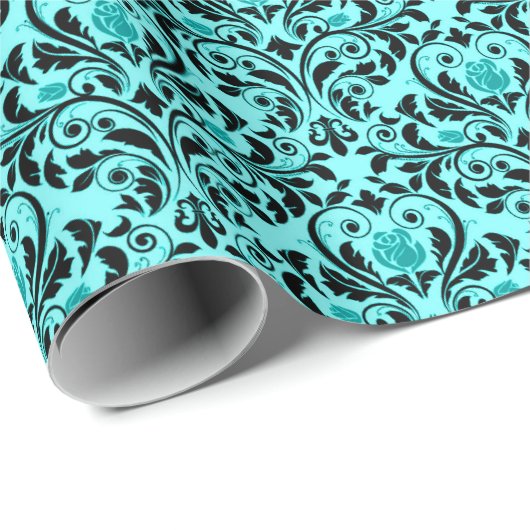 Turquoise en Black Damask Cadeaupapier (Rol Hoek)