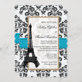 Turquoise en Black Damask Eiffel Tower Wedding Kaart (Voorkant / Achterkant)