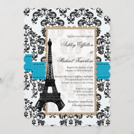 Turquoise en Black Damask Eiffel Tower Wedding Kaart (Voorkant / Achterkant)