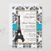 Turquoise en Black Damask Eiffel Tower Wedding Kaart (Voorkant)
