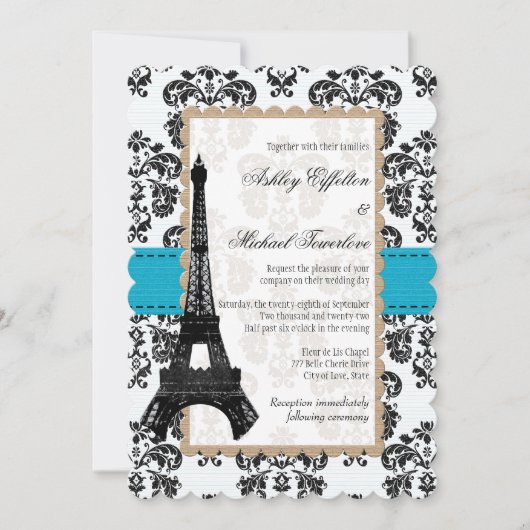 Turquoise en Black Damask Eiffel Tower Wedding Kaart (Voorkant)