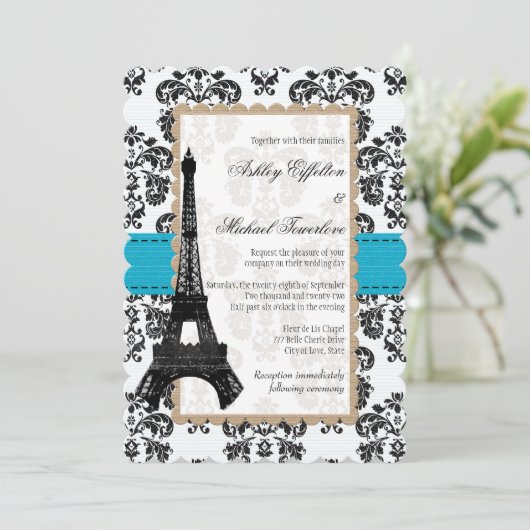 Turquoise en Black Damask Eiffel Tower Wedding Kaart (Staand voorkant)