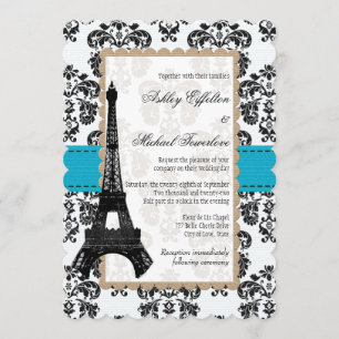 Turquoise en Black Damask Eiffel Tower Wedding Kaart