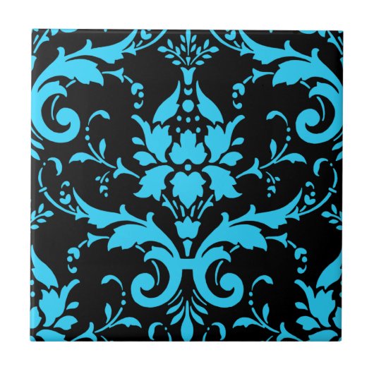Turquoise en Black Damask Matching Kitchen Tegeltje (Voorkant)