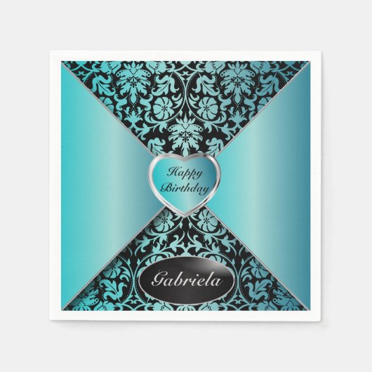 Turquoise en Black Damask Servetten (Voorkant)