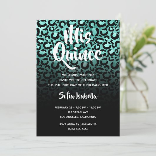 Turquoise en Black Glam Leopard Ombre Mis Quince Kaart (Staand voorkant)