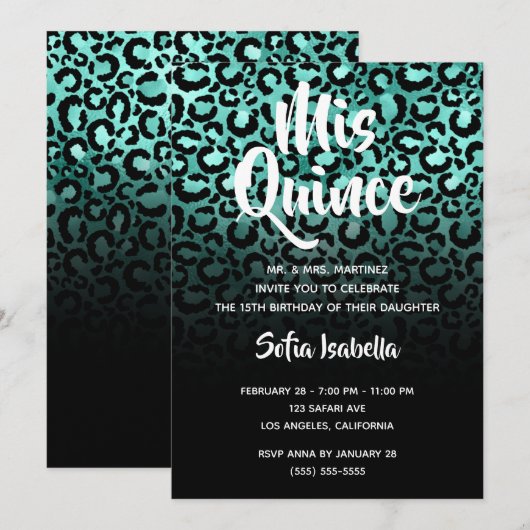 Turquoise en Black Glam Leopard Ombre Mis Quince Kaart (Voorkant / Achterkant)