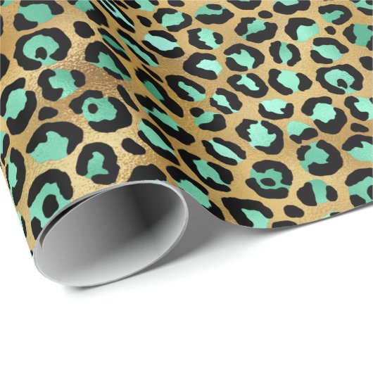 Turquoise en Black Oerwoud Leopard op Gold Print Cadeaupapier (Rol Hoek)