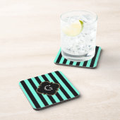 Turquoise en Black Stripes Pattern met Monogram Bier Onderzetter (Rechterzijde)