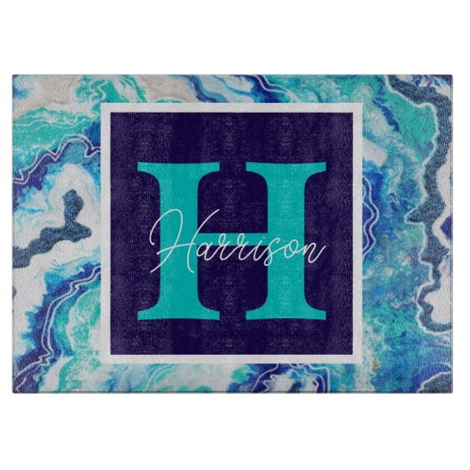 Turquoise en Blauw Marmer Gepersonaliseerd Snijplank (Voorkant)