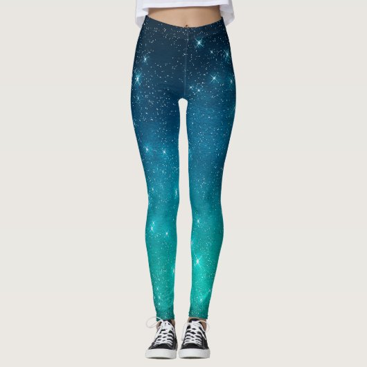 Turquoise en blauwe verloop sterrenhemel leggings (Voorkant)
