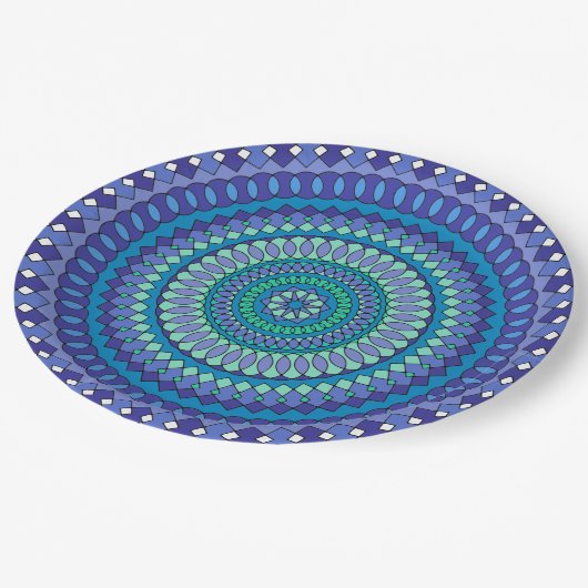 Turquoise en blauwgroen blauw mandala patroon klas papieren bordje (Gekanteld)