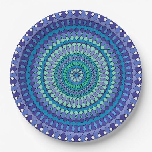 Turquoise en blauwgroen blauw mandala patroon klas papieren bordje (Voorkant)