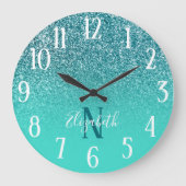 Turquoise en Blauwgroen Glitter Ombre Monogram Grote Klok (Voorkant)