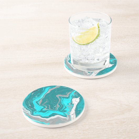 Turquoise en Blauwgroen marmer Fluid Art Zandsteen Onderzetter (Zijkant)