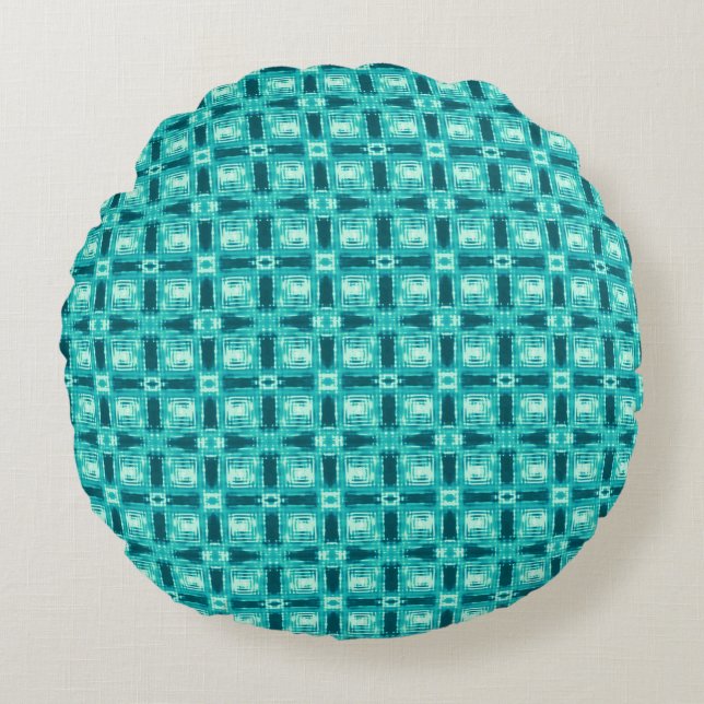 Turquoise en Blauwgroen Shibori Plaid Rond Kussen (Voorkant)