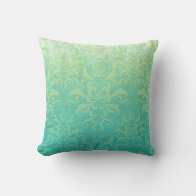 Turquoise en Bleekgele Damast Kussen (Voorkant)