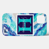 Turquoise en Blue Marble Monogram Name Beachy Case-Mate iPhone Case (Achterkant (horizontaal))